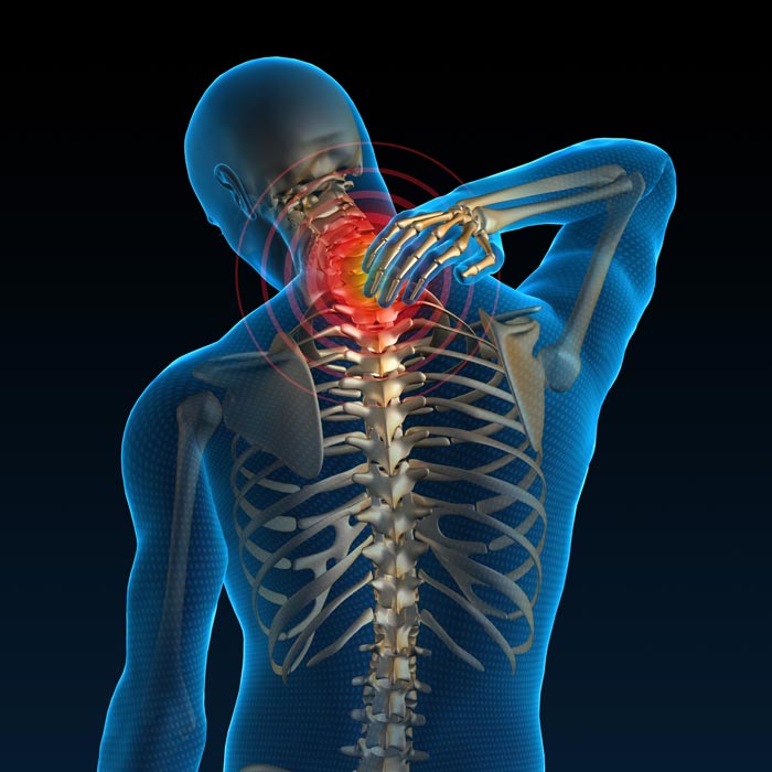 An x-ray look neck pain where the base of the neck is highlighted red to pinpoint the pain